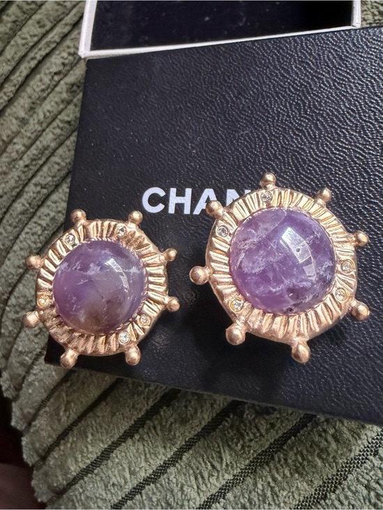 CHANEL Jewelry - CHANEL Gold-Tone Earrings with Purple Cabochon Centers